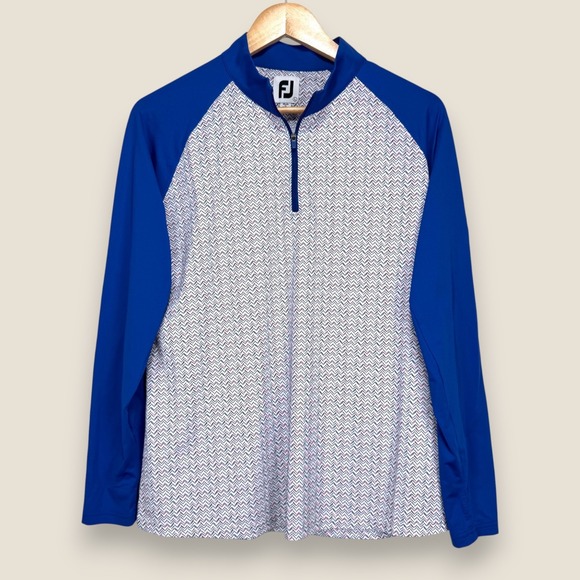 FootJoy Sweaters - FootJoy Floral Sketch Lisle Pullover Women Large White Blue Golf Quarter Zip